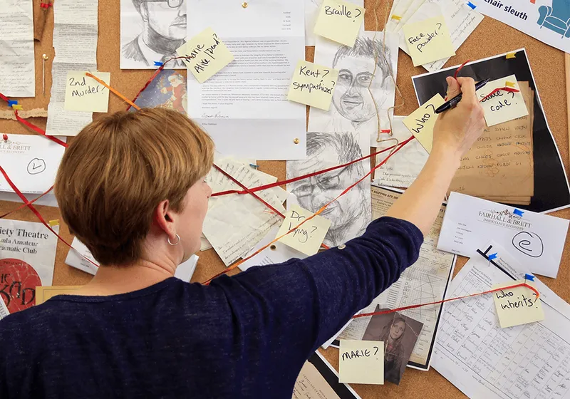 Evidence board from a murder mystery game